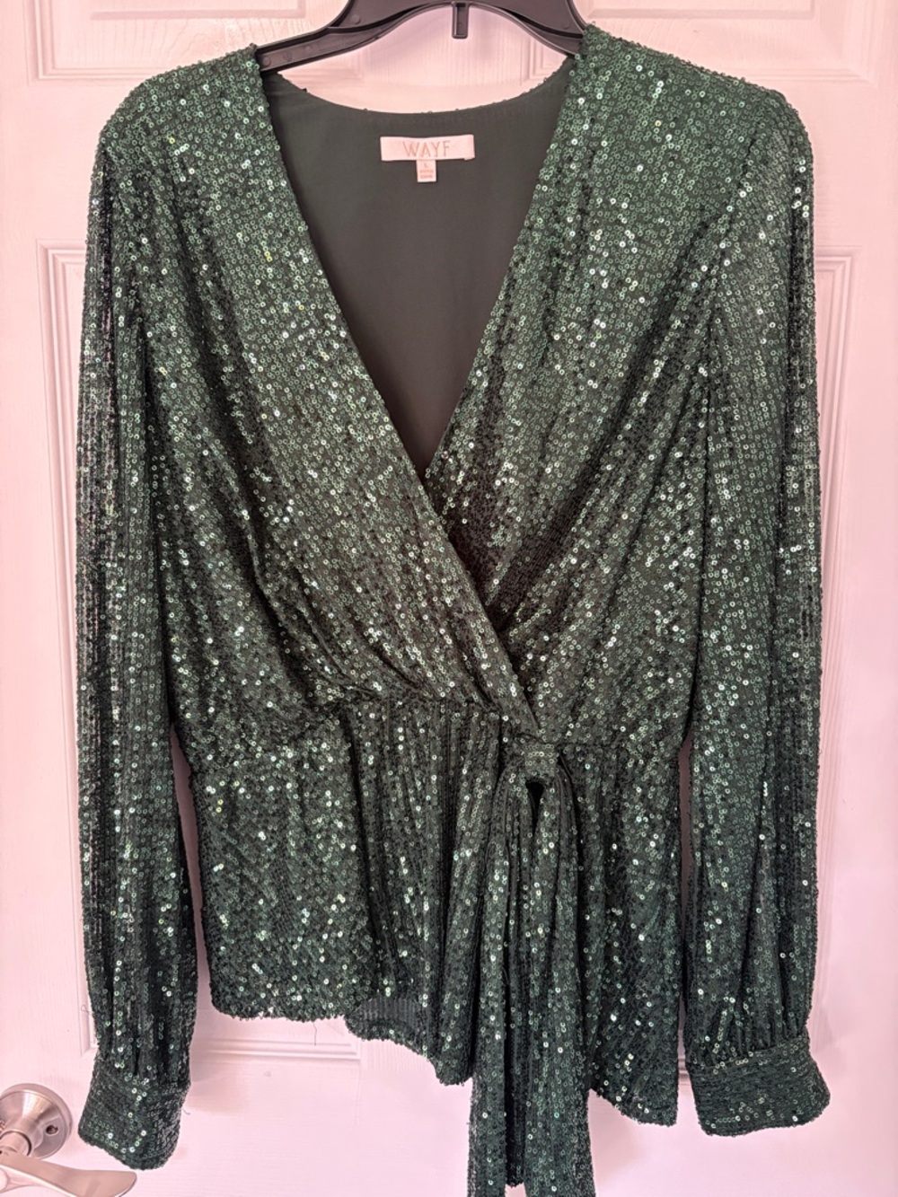 Wayf Forest Green Sequin Wrap Blouse
